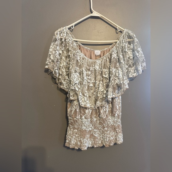 Suzy Shier Tops - Suzy Shier Lace Off-Shoulder Blouse in Cream and Brown